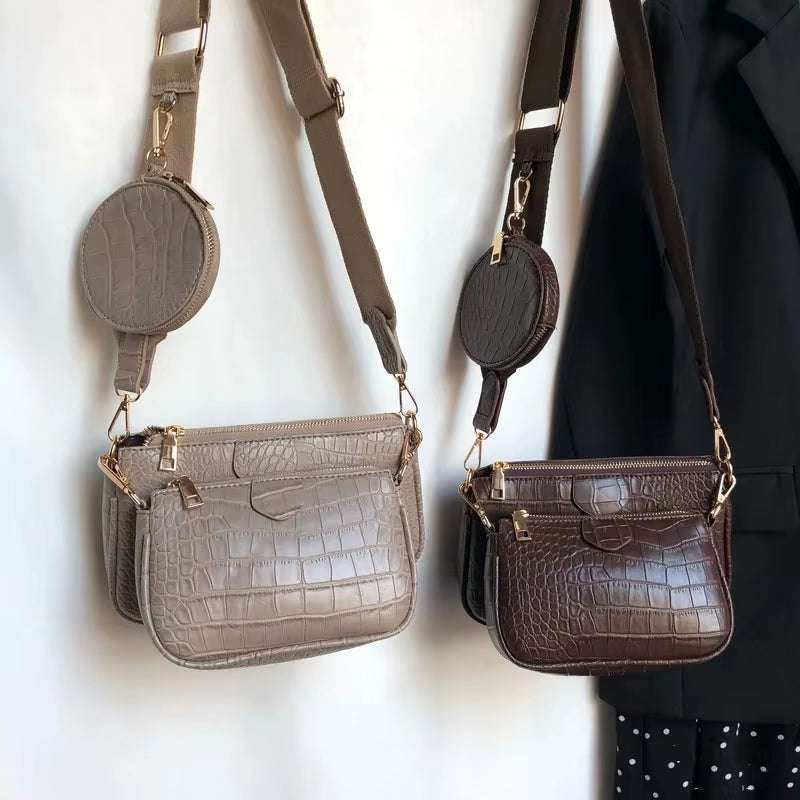 Vintage crocodile pattern women’s shoulder bag set in coffee and black colors with wide straps and coin pouch