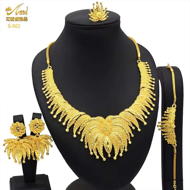 Indian Jewellery Luxury Necklace Jewelry Sets for Women Dubai Gold Color African Arabic Wedding Bridal Collection Sets Earring