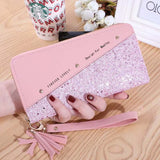 Fashion womens PU leather pink glitter wristlet wallet with tassel keychain accessory