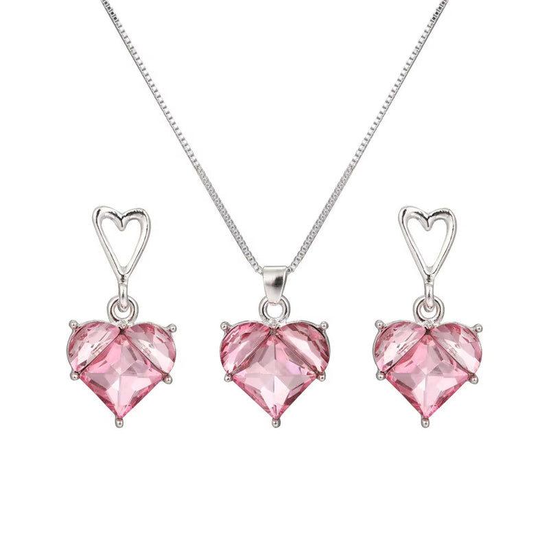 Fashion heart zircon pink gemstone necklace and earrings set with silver chain and heart-shaped pendants