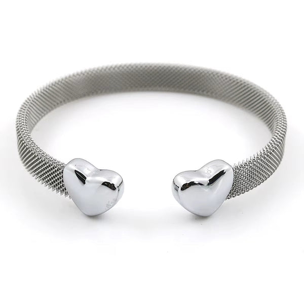 Vintage stainless steel mesh bracelet with heart-shaped ends