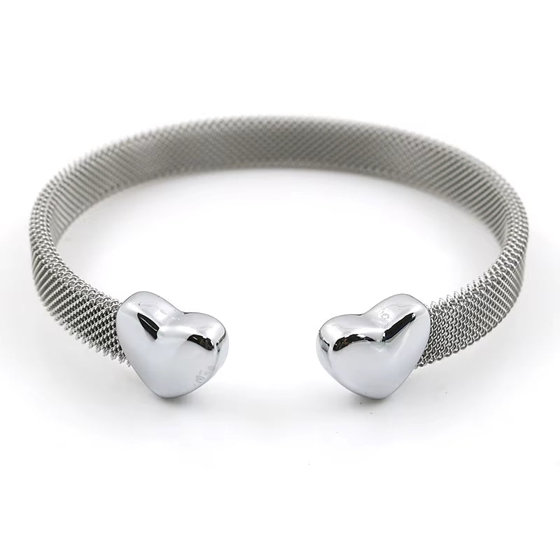 Vintage stainless steel mesh bracelet with heart-shaped ends