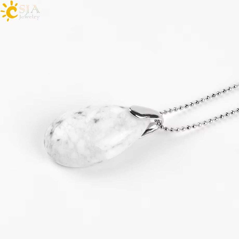 CSJA Natural Gem Stone Pendant Water Drop Necklaces Pendants Tiger Eye Lapis Lazuli Clear Crystal Opal Healing Jewellery E526