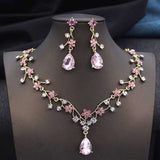 Rhinestone water drop gold and silver plated bridal necklace and earrings set with pink crystals and floral design