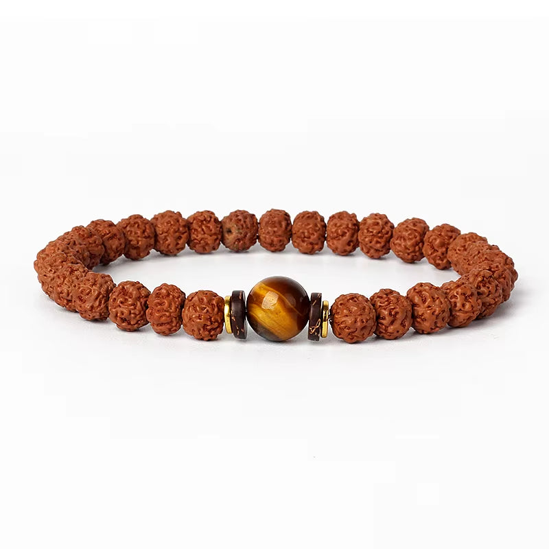 Royal Green Tiger Eye Vajra bracelet with rudraksha beads and central tiger eye stone meditation jewelry