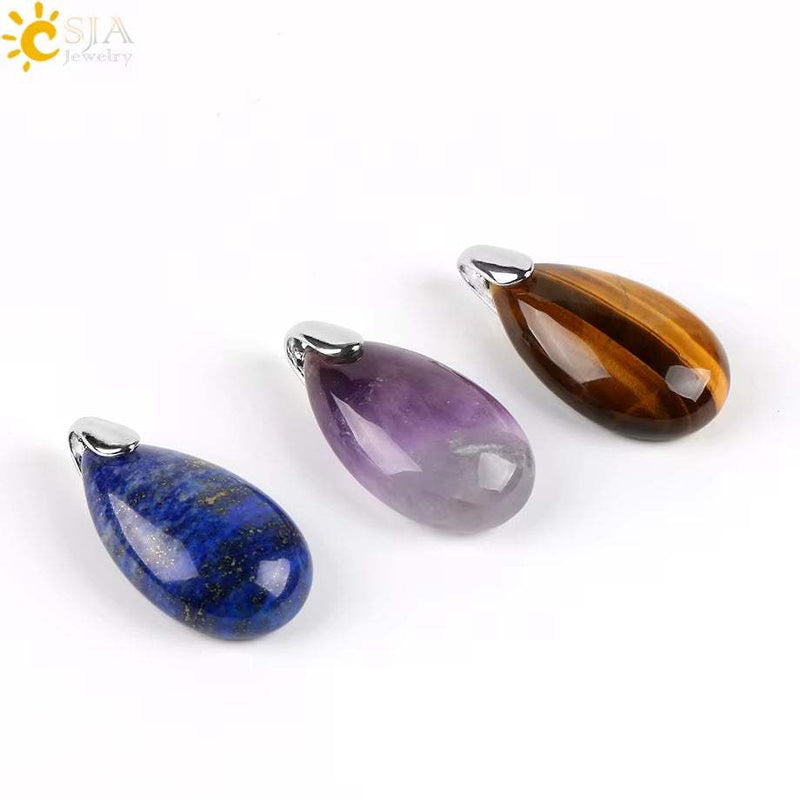 CSJA Natural Gem Stone Pendant Water Drop Necklaces Pendants Tiger Eye Lapis Lazuli Clear Crystal Opal Healing Jewellery E526