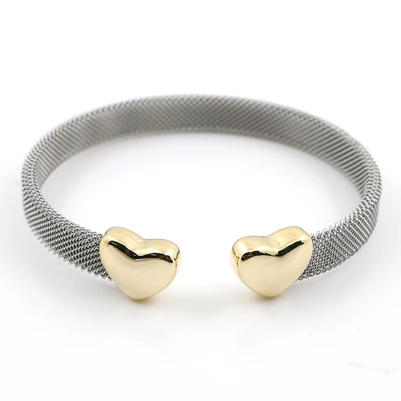 Vintage stainless steel mesh bracelet with gold heart-shaped ends