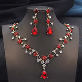 Red rhinestone water drop necklace and earrings bridal jewelry set with gold plating and crystal accents