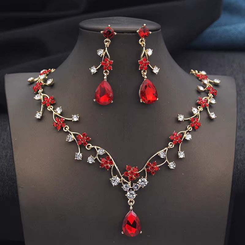 Red rhinestone water drop necklace and earrings bridal jewelry set with gold plating and crystal accents