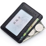 Mens slim minimalist black carbon fiber wallet with ID window, card slots, and cash pocket