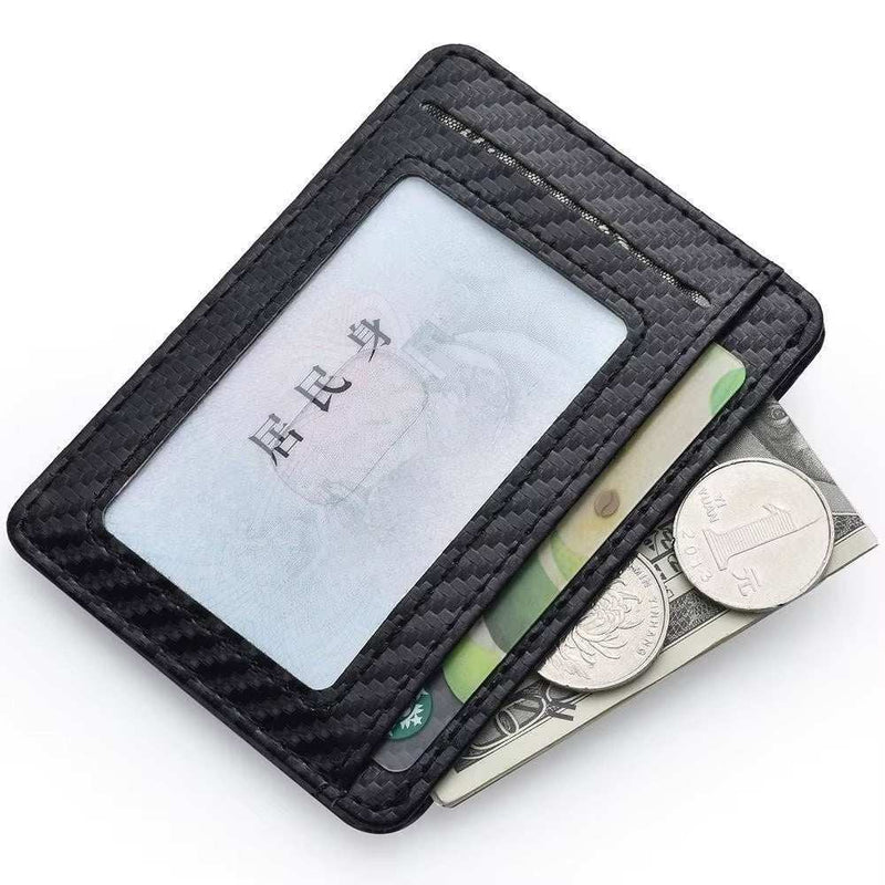 Mens slim minimalist black carbon fiber wallet with ID window, card slots, and cash pocket