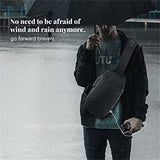 Waterproof anti-theft sling bag with combination lock and USB charging port, worn by a person in rain under umbrella