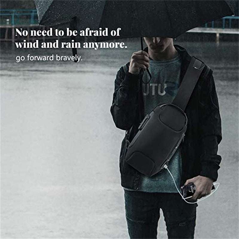 Waterproof anti-theft sling bag with combination lock and USB charging port, worn by a person in rain under umbrella