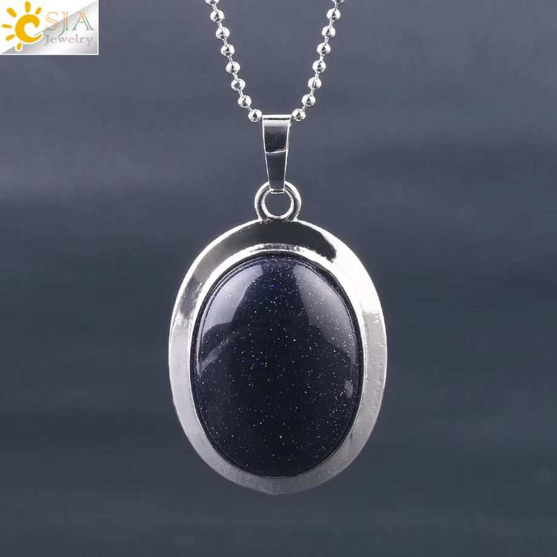 CSJA Oval Natural Gem Stone Pendant Necklaces Reiki Cabochon Crystal Beads Small Pendants for Women Girl Cute Charm Jewelry F564