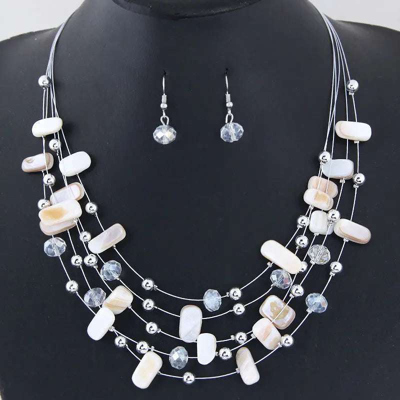 Women Bohemian African Beads multilayer shell necklace and crystal earrings jewelry set
