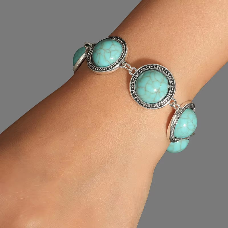 Fashion Boho Vintage turquoise round stone bracelet on wrist