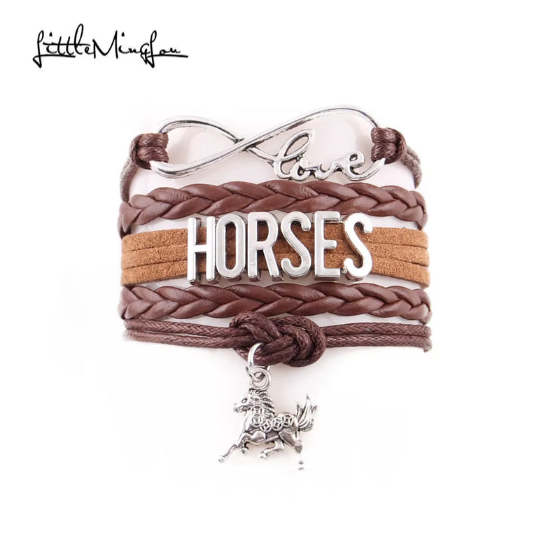 Infinity Love Horses women’s leather braid wrap bracelet with horse charm and infinity love symbol