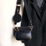 Black vintage crocodile pattern women shoulder bag with wide strap and small coin purse attached