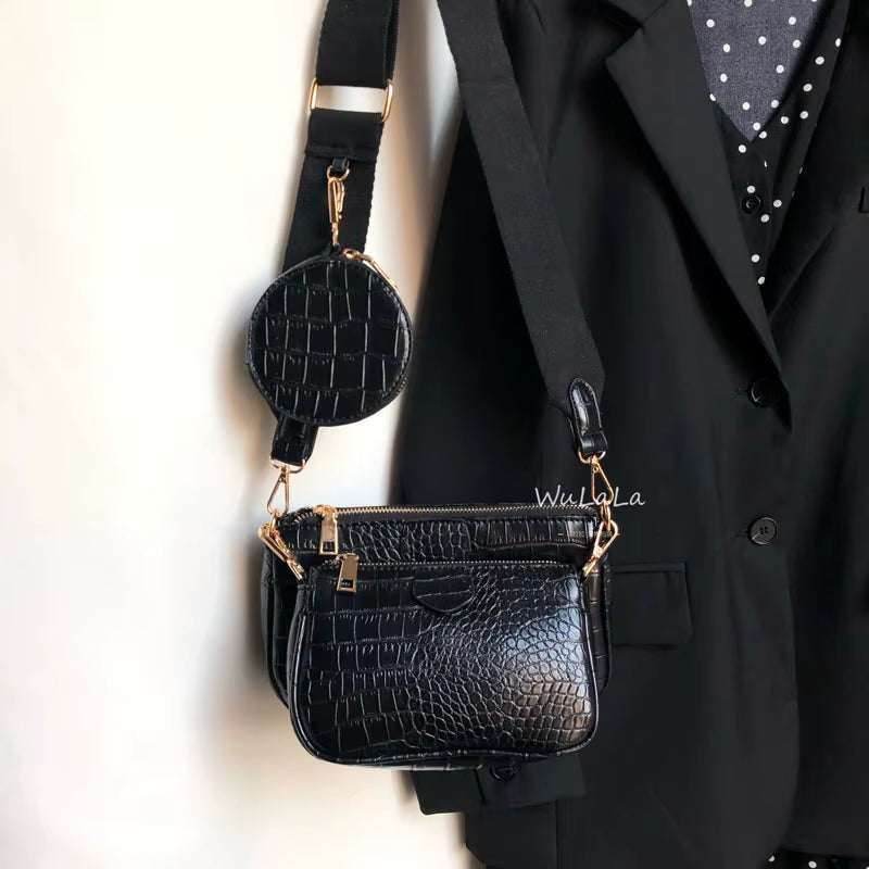Black vintage crocodile pattern women shoulder bag with wide strap and small coin purse attached