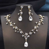 Gold plated rhinestone water drop bridal necklace and earrings set with crystal accents