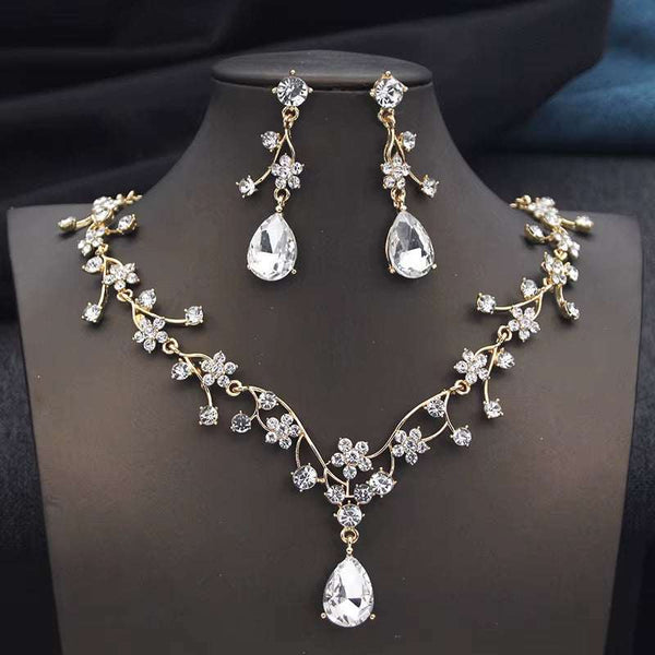 Gold plated rhinestone water drop bridal necklace and earrings set with crystal accents