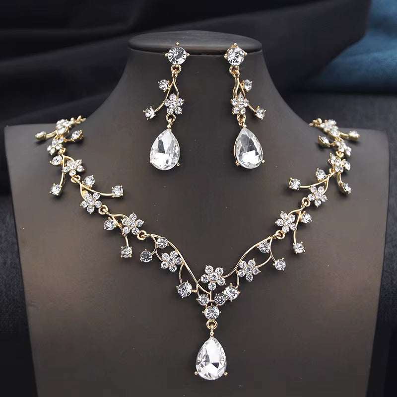 Gold plated rhinestone water drop bridal necklace and earrings set with crystal accents