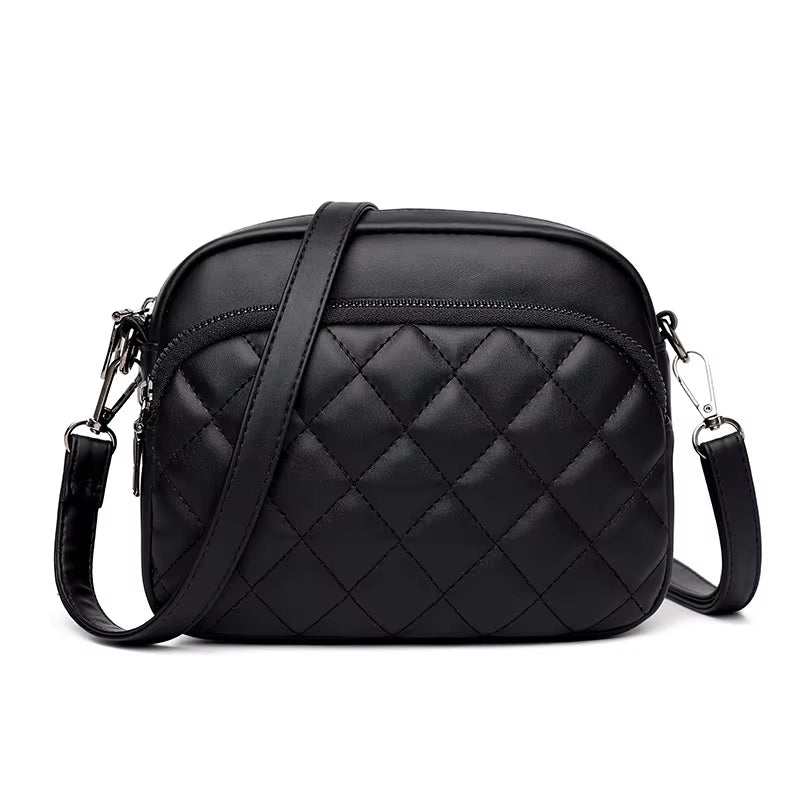 Black diamond lattice women shoulder bag with adjustable strap and PU leather crossbody design