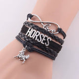 Infinity Love Horses women's black leather braid wrap bracelet with horse charm and silver infinity love detail