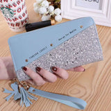 Fashion womens PU leather glitter wallet with tassel wrist strap and blue accent