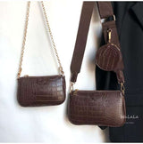 Vintage crocodile pattern women shoulder bag set with wallet and chain strap in brown PU leather