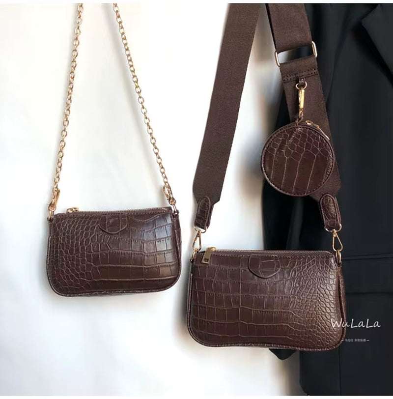 Vintage crocodile pattern women shoulder bag set with wallet and chain strap in brown PU leather