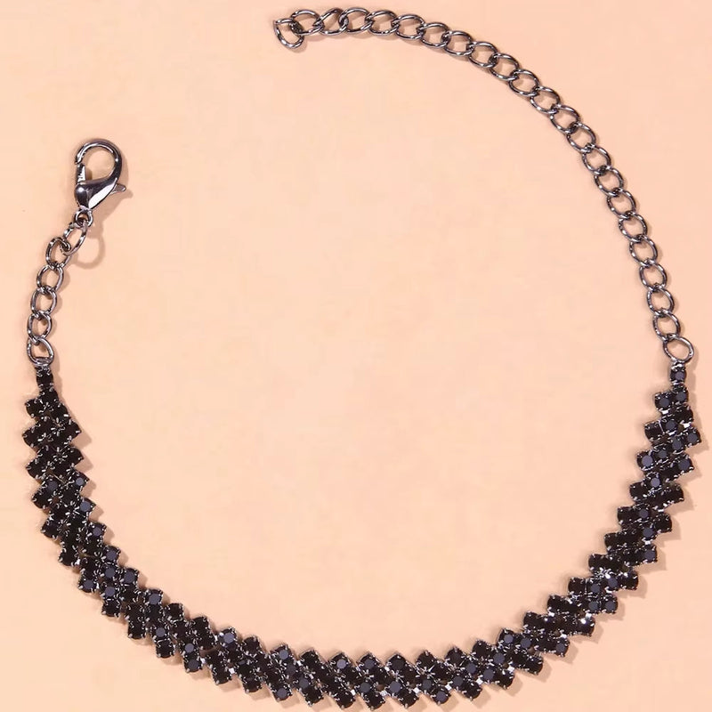 black rhinestone crystal lozenge anklet beach accessory for women with adjustable chain