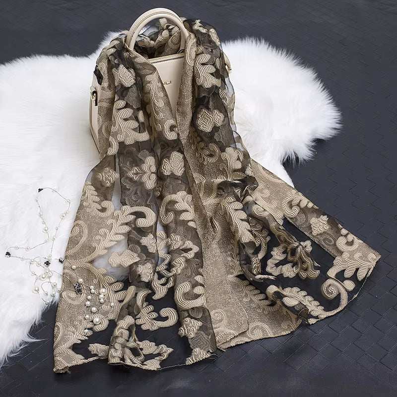 2023 Hot Sale Silk Scarf Womens Summer Breeze Lightweight Sheer Wrap and Shawls Bandana Beach Organza Gauze Lace Hollow Scarf