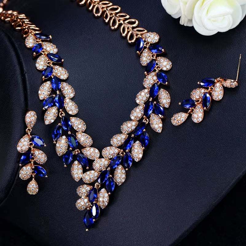 Dubai Gold Color necklace and earrings set with blue and white cubic zirconia crystals on gold color plating