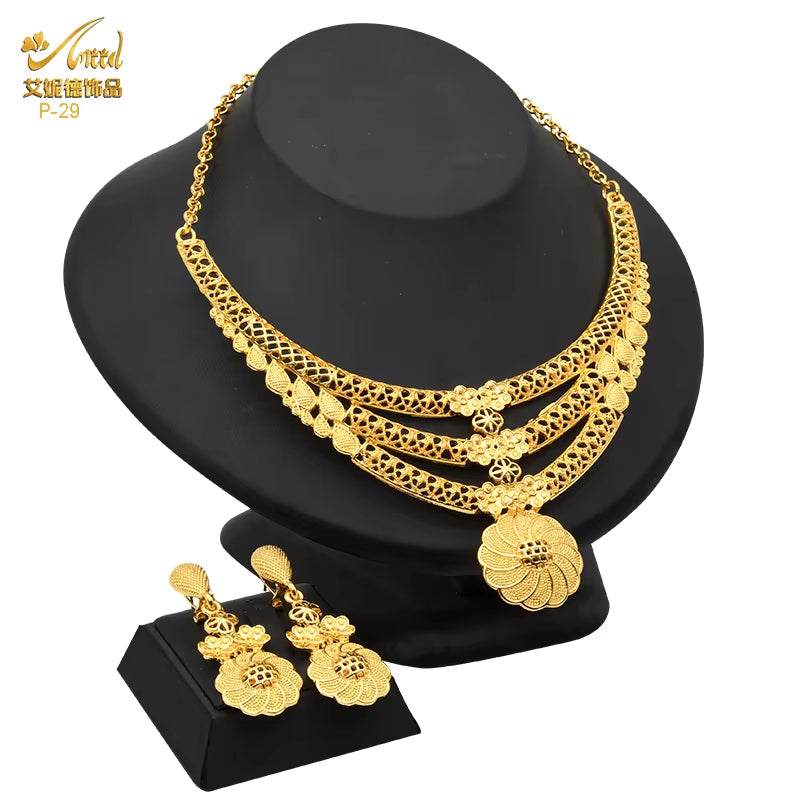 Indian Gold Colour Jewelry Sets Wedding Nigerian Necklace and Earrings 24K Gold Plated Jewellery Bridal Dubai Luxury Party Gifts