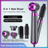 5 in 1 electric hair dryer with hollow, collector nozzles, straightening and curling brushes for fast drying and styling