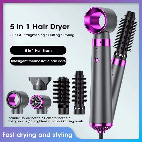 5 in 1 electric hair dryer with multiple styling brush attachments for curling, straightening, and fluffing hair.