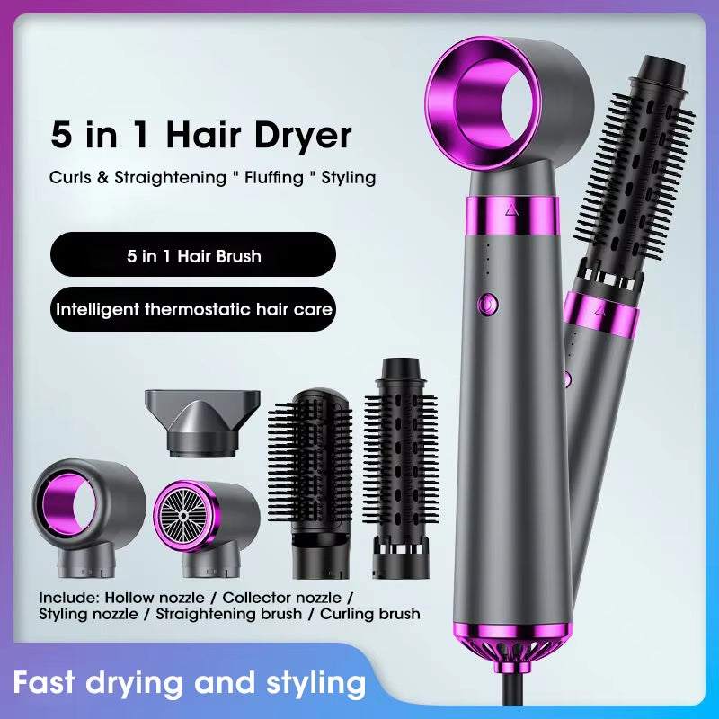 5 in 1 electric hair dryer with hollow, collector nozzles, straightening and curling brushes for fast drying and styling