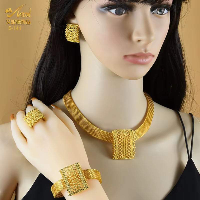 Indian Jewellery Luxury Necklace Jewelry Sets for Women Dubai Gold Color African Arabic Wedding Bridal Collection Sets Earring