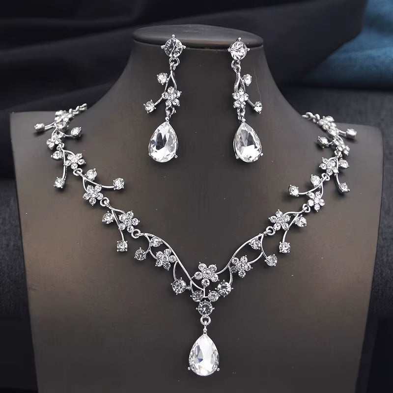Silver plated rhinestone water drop necklace and earrings bridal jewelry set