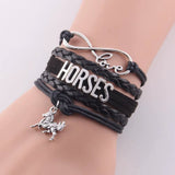 Infinity Love Horses black leather braid wrap bracelet with horse charm and love infinity symbol for women