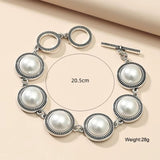Fashion Boho Vintage round pearl bracelet with silver accents and adjustable clasp, 20.5cm length, 28g weight