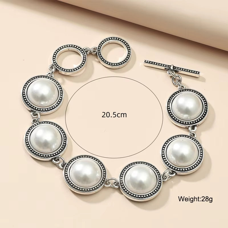 Fashion Boho Vintage round pearl bracelet with silver accents and adjustable clasp, 20.5cm length, 28g weight