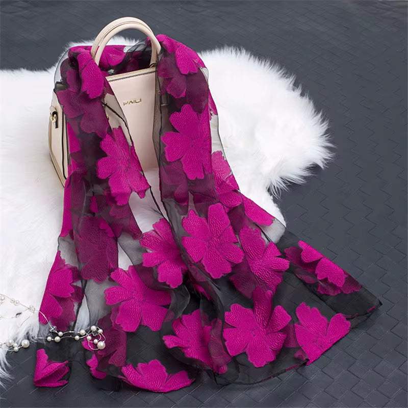 2023 Hot Sale Silk Scarf Womens Summer Breeze Lightweight Sheer Wrap and Shawls Bandana Beach Organza Gauze Lace Hollow Scarf