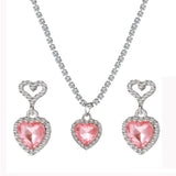 Fashion Heart Zircon necklace and earrings set with pink heart-shaped stones and silver rhinestone accents