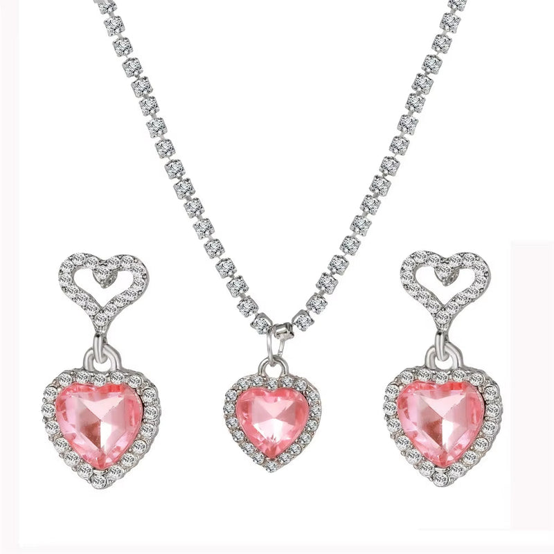 Fashion Heart Zircon necklace and earrings set with pink heart-shaped stones and silver rhinestone accents