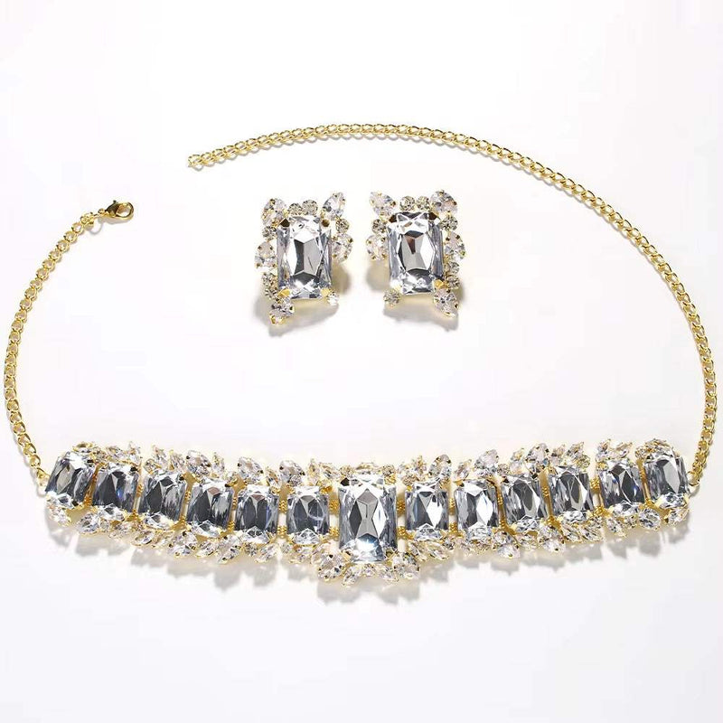 Stonefans Bride crystal necklace and earrings set with gold chain and clear gemstones