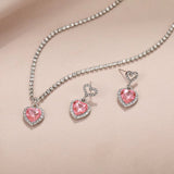 Fashion Heart Zircon necklace and earrings set with pink heart-shaped stones and clear rhinestones
