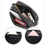 Black diamond lattice women shoulder bag with multiple zipper compartments and PU leather material for crossbody use