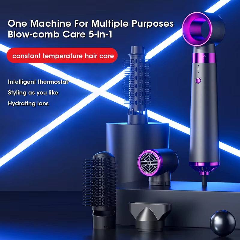 5-in-1 electric hair dryer with multiple styling attachments and negative ion technology in sleek black and purple design